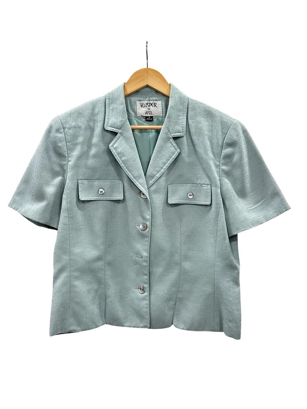 Vintage Kasper for A.S.L. Aqua 2-Piece Skirt Suit Sz 14 Short Sleeve Blazer Set